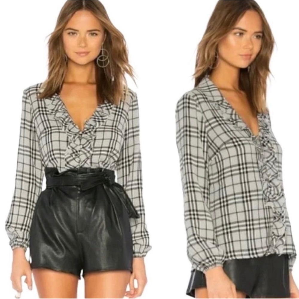 Majorelle Grey Black Plaid Ruffle V-Neck Long Sleeve Blouse Top Small